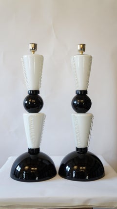 Toso Murano Mid-Century Modern Black White Two Murano Glass Table Lamps, 1974