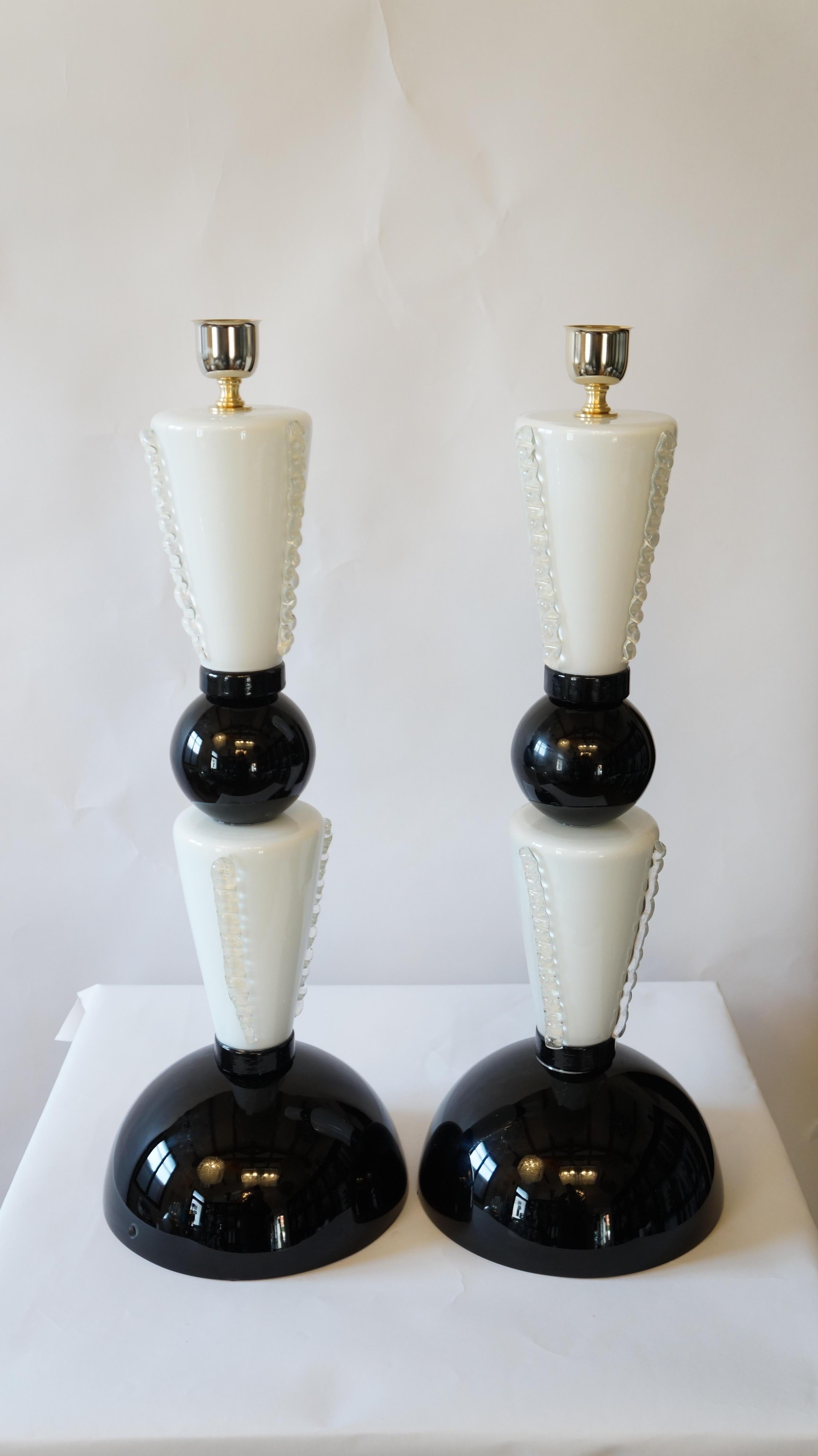 Italian Toso Murano Mid-Century Modern Black White Two Murano Glass Table Lamps, 1974 For Sale
