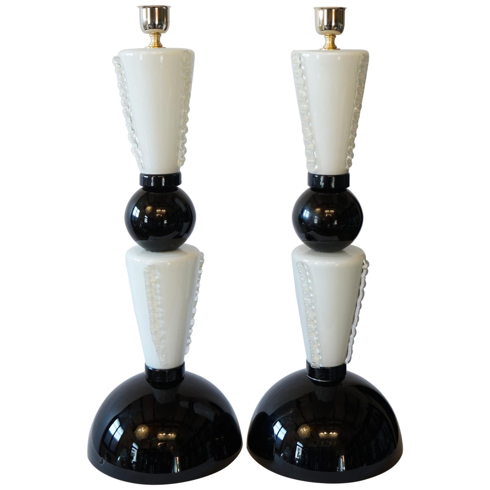 Toso Murano Mid-Century Modern Black White Two Murano Glass Table Lamps, 1974