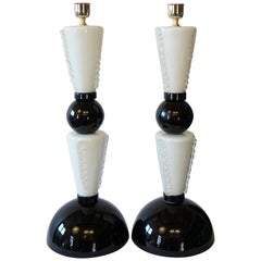 Vintage Toso Murano Mid-Century Modern Black White Two Murano Glass Table Lamps, 1974