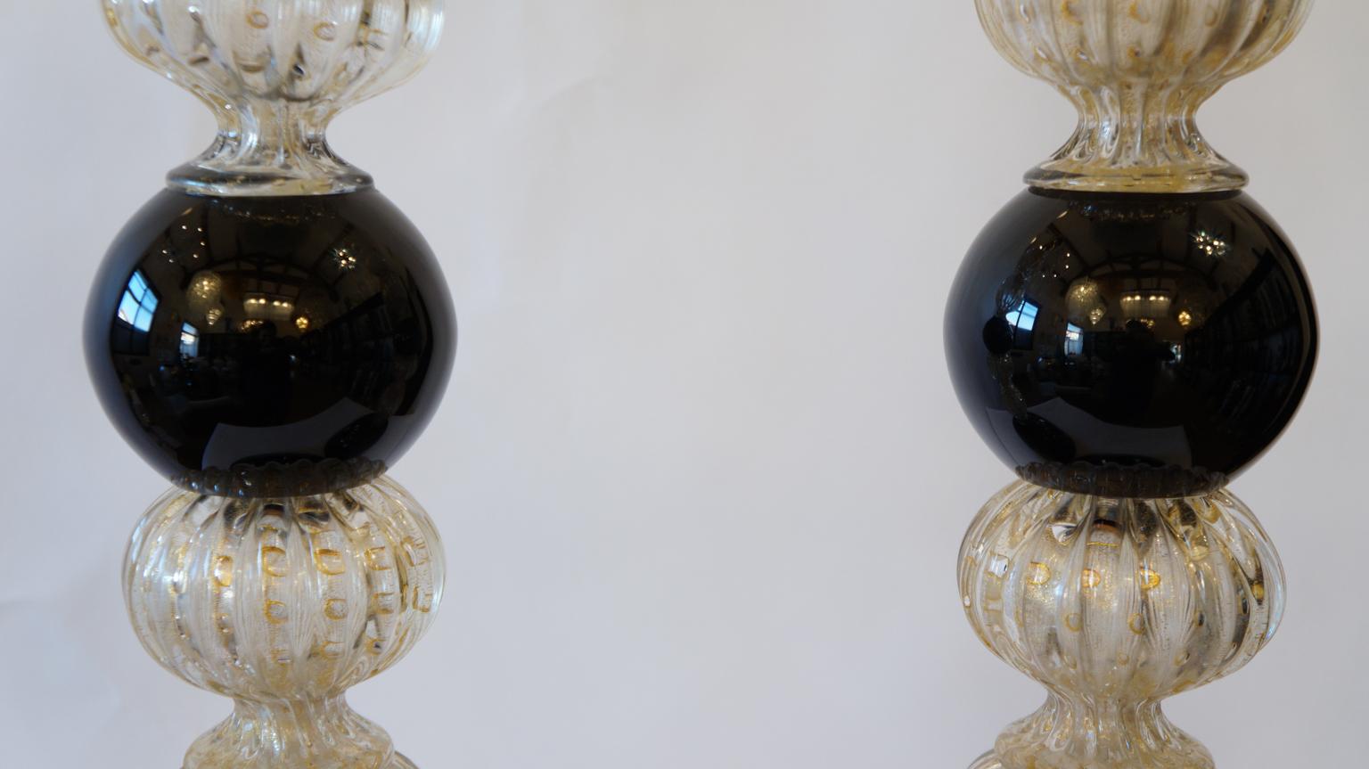 Toso Murano Mid-Century Modern Gold Black Two Murano Glass Table Lamps, 1982 For Sale 6
