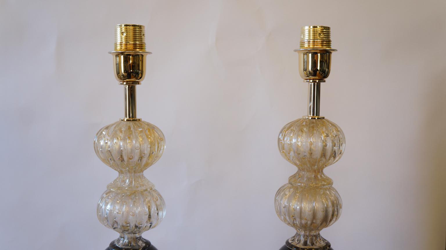 Toso Murano Mid-Century Modern Gold Black Two Murano Glass Table Lamps, 1982 For Sale 7