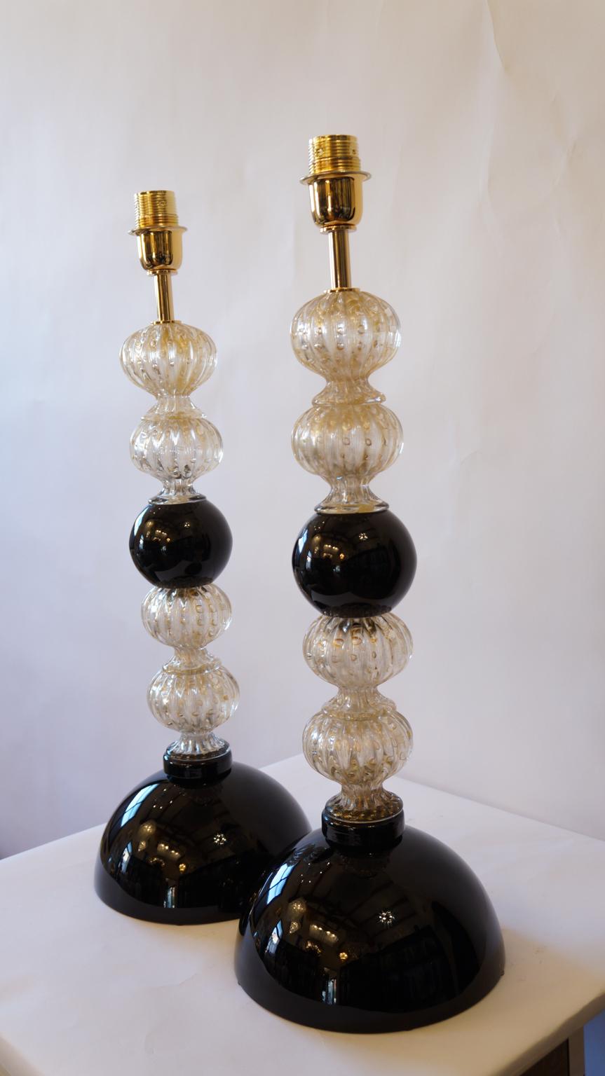 Toso Murano Mid-Century Modern Gold Black Two Murano Glass Table Lamps, 1982 For Sale 8
