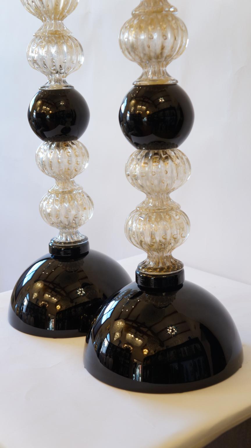 Toso Murano Mid-Century Modern Gold Black Two Murano Glass Table Lamps, 1982 For Sale 9
