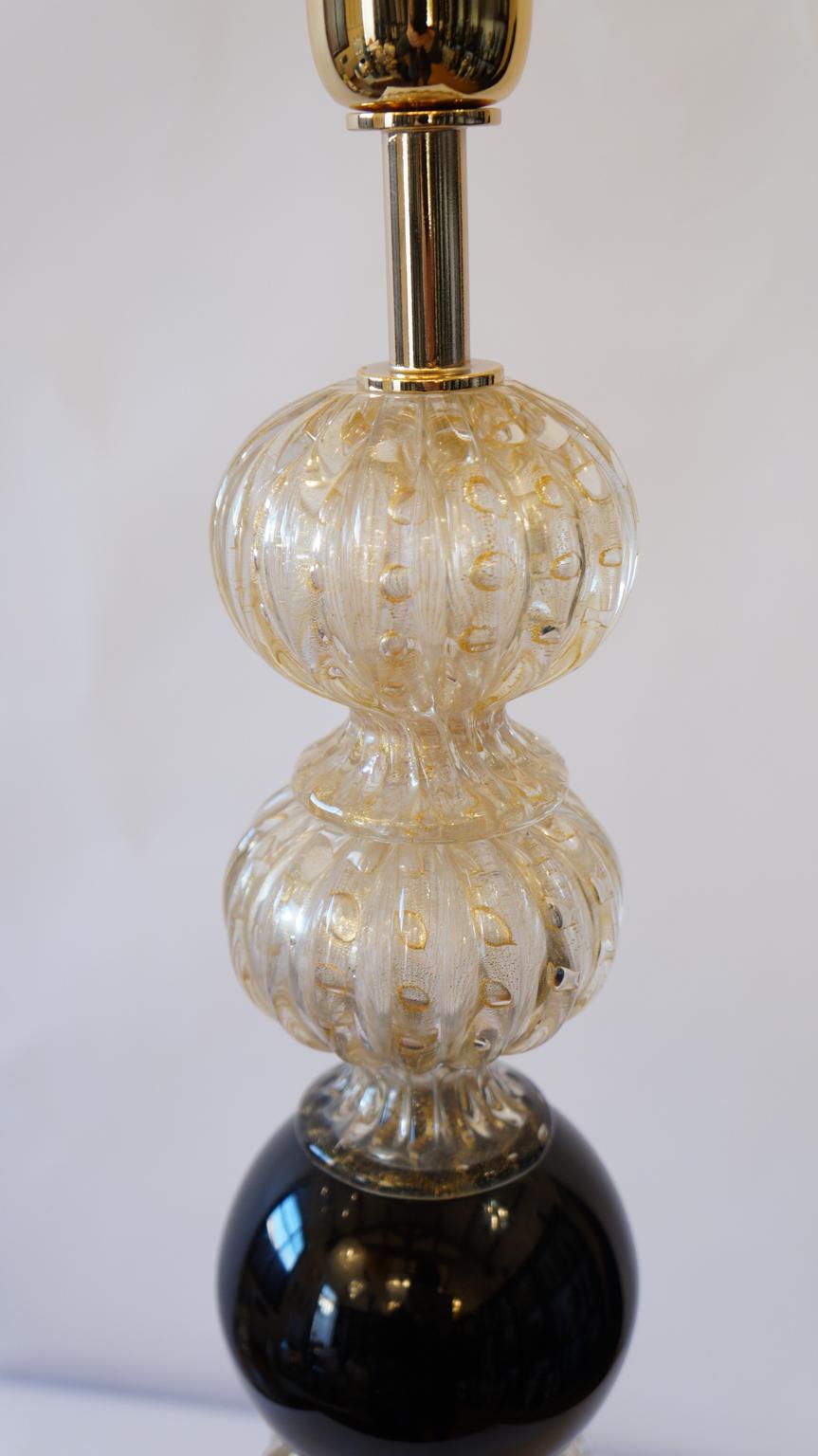 Toso Murano Mid-Century Modern Gold Black Two Murano Glass Table Lamps, 1982 For Sale 13