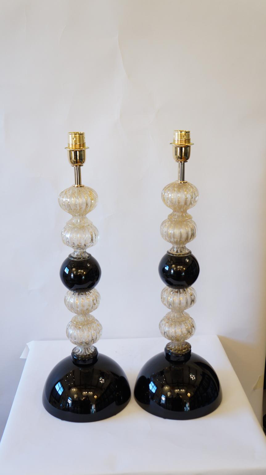 Italian Toso Murano Mid-Century Modern Gold Black Two Murano Glass Table Lamps, 1982 For Sale