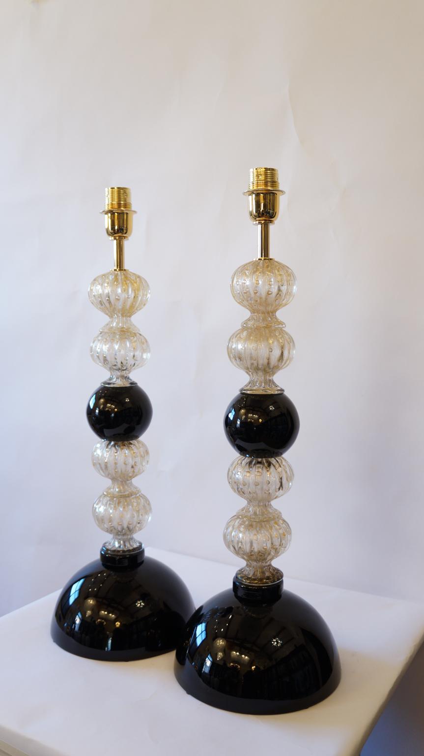 Late 20th Century Toso Murano Mid-Century Modern Gold Black Two Murano Glass Table Lamps, 1982 For Sale