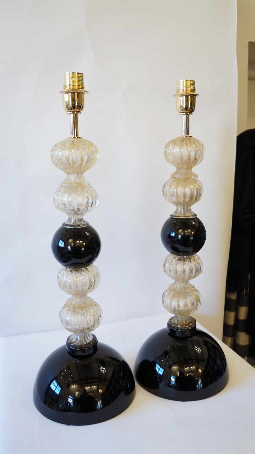 Toso Murano Mid-Century Modern Gold Black Two Murano Glass Table Lamps, 1982 For Sale 1