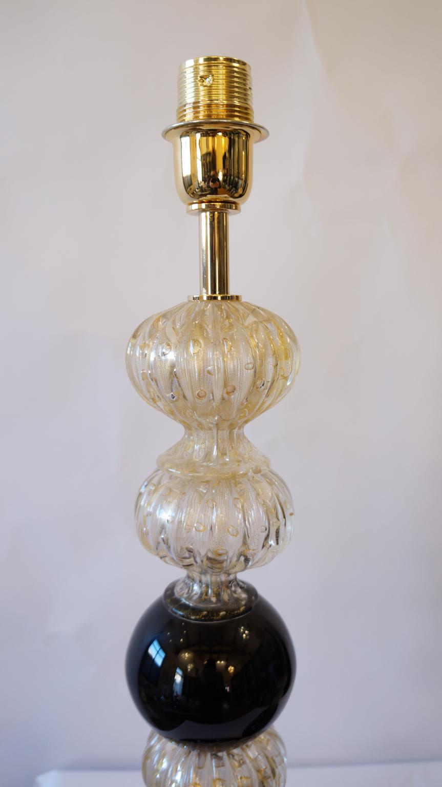 Toso Murano Mid-Century Modern Gold Black Two Murano Glass Table Lamps, 1982 For Sale 2
