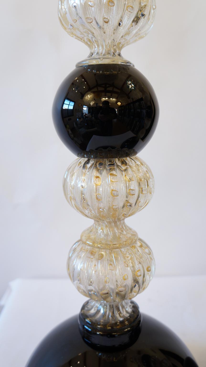 Toso Murano Mid-Century Modern Gold Black Two Murano Glass Table Lamps, 1982 For Sale 3