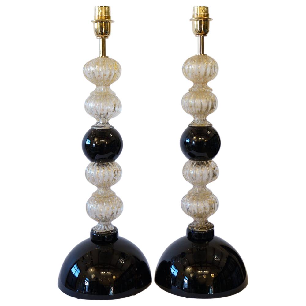 Toso Murano Mid-Century Modern Gold Black Two Murano Glass Table Lamps, 1982 For Sale