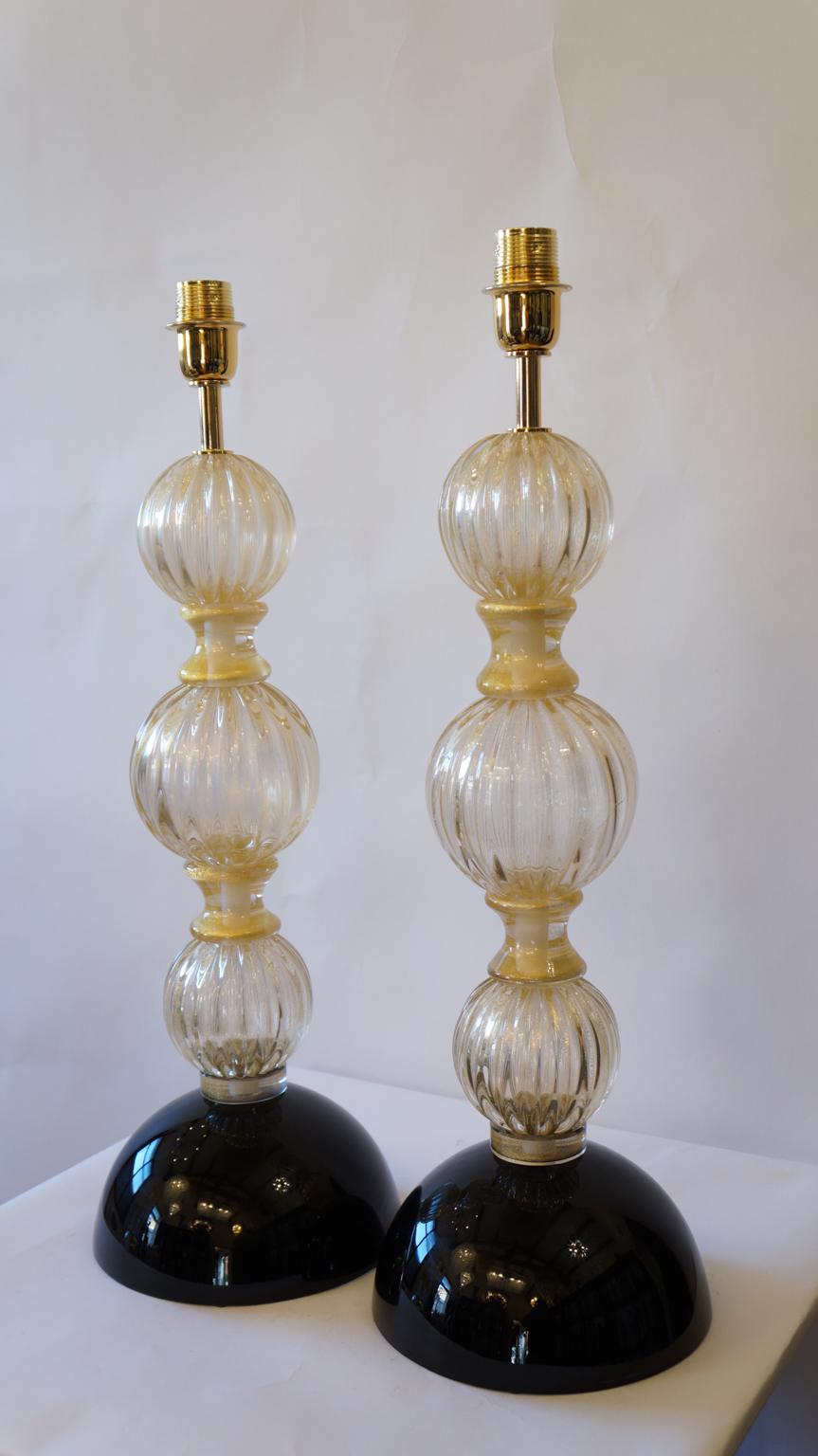Toso Murano Mid-Century Modern Gold Black Two Murano Glass Table Lamps, 1985 For Sale 5