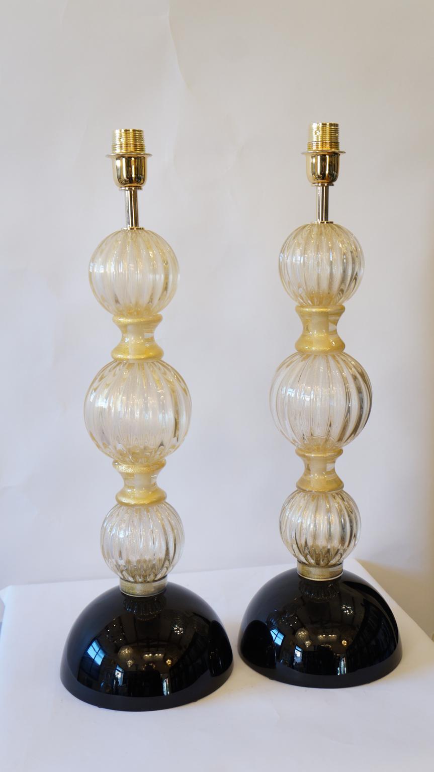 Toso Murano Mid-Century Modern Gold Black Two Murano Glass Table Lamps, 1985 For Sale 6