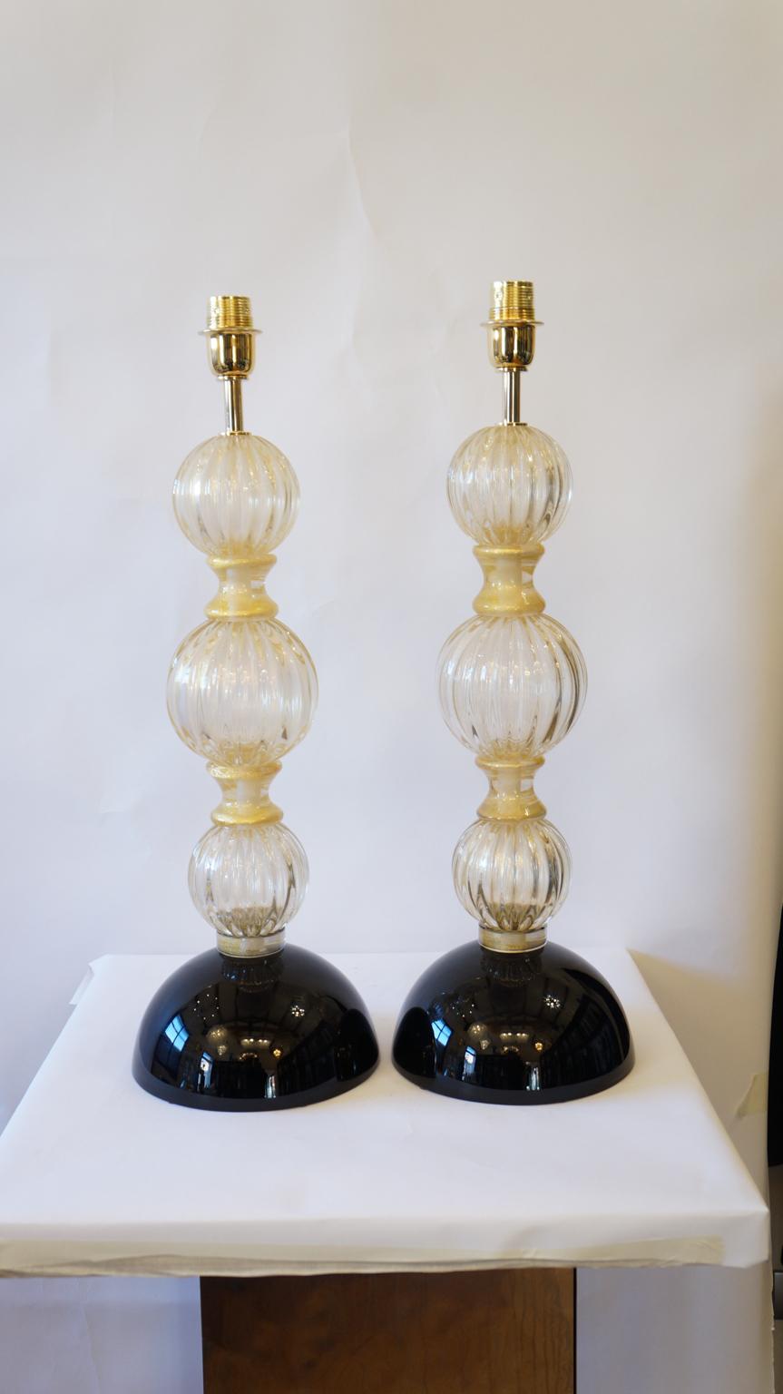 Toso Murano Mid-Century Modern Gold Black Two Murano Glass Table Lamps, 1985 For Sale 7