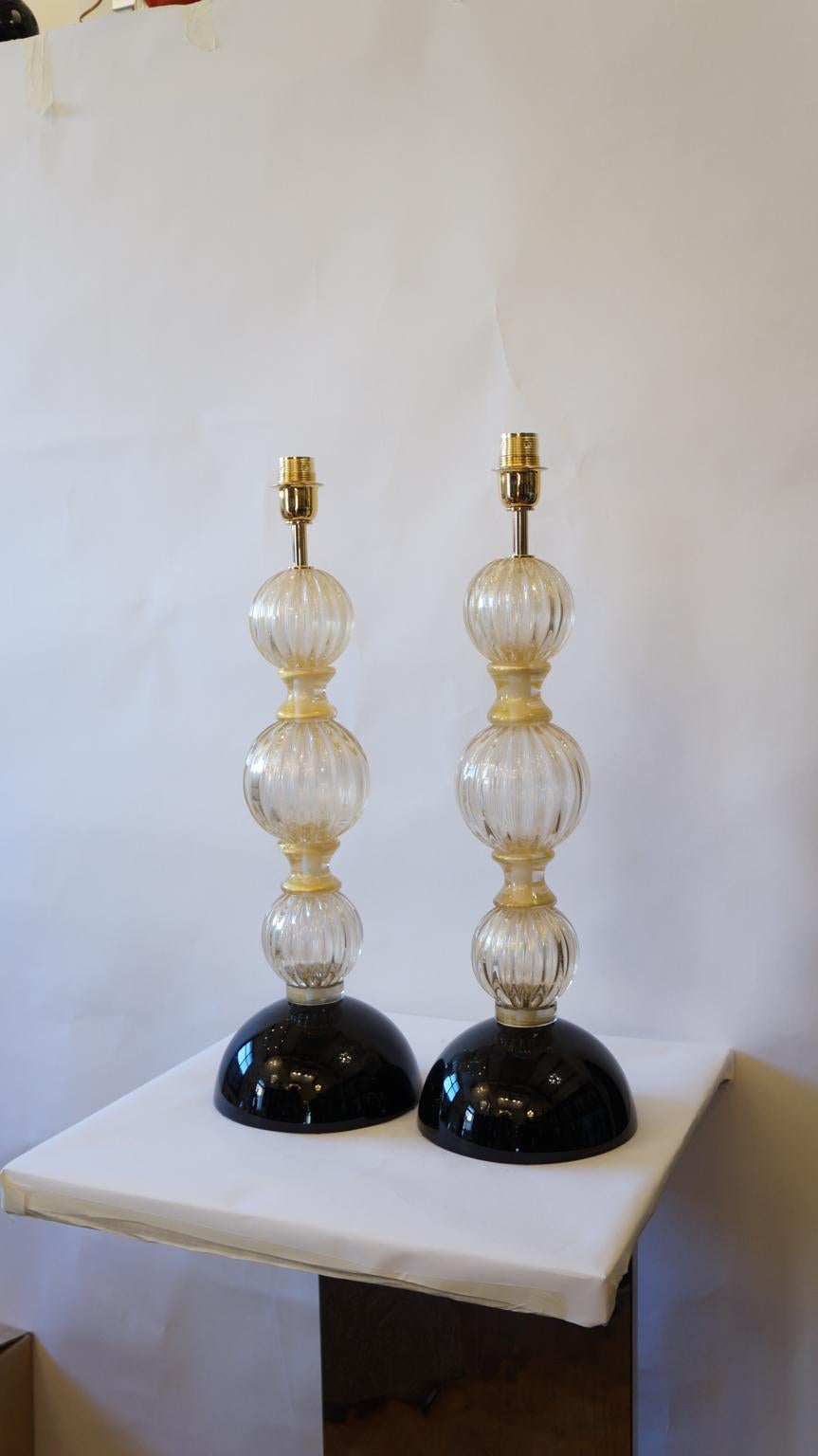 Toso Murano Mid-Century Modern Gold Black Two Murano Glass Table Lamps, 1985 For Sale 8