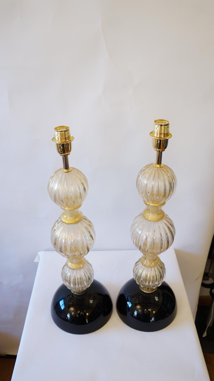 Toso Murano Mid-Century Modern Gold Black Two Murano Glass Table Lamps, 1985 For Sale 9