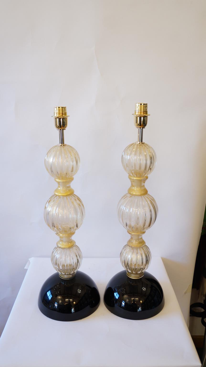 Italian Toso Murano Mid-Century Modern Gold Black Two Murano Glass Table Lamps, 1985 For Sale