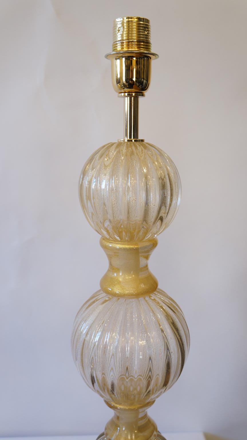 Late 20th Century Toso Murano Mid-Century Modern Gold Black Two Murano Glass Table Lamps, 1985 For Sale