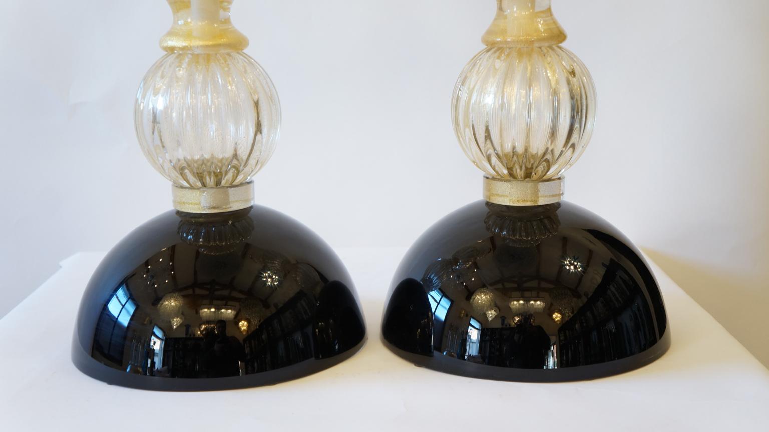 Art Glass Toso Murano Mid-Century Modern Gold Black Two Murano Glass Table Lamps, 1985 For Sale