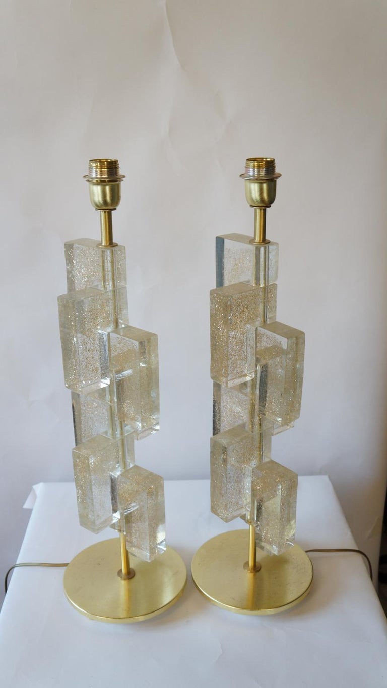 Italian Toso Murano Mid-Century Modern Gold Two Murano Glass Table Lamps, 1983 For Sale