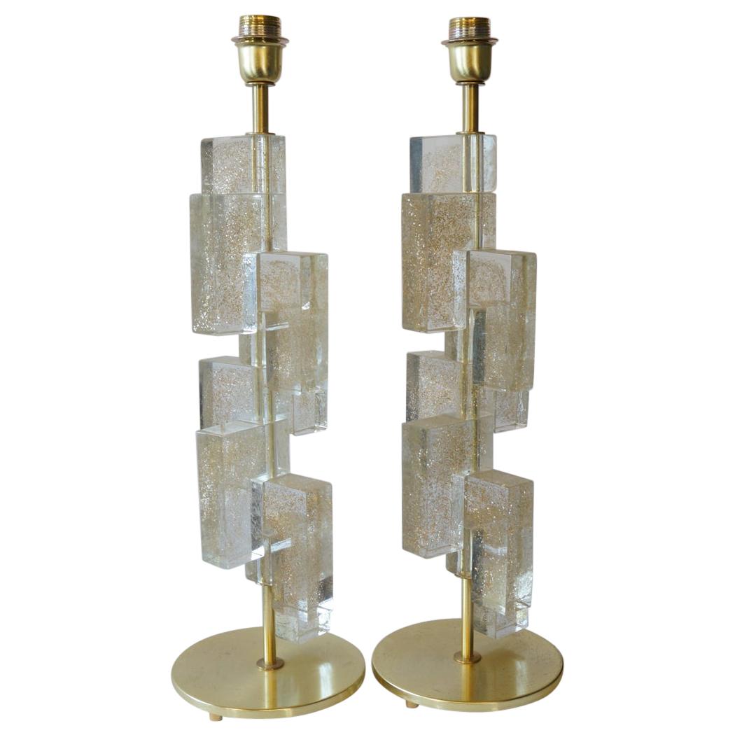 Toso Murano Mid-Century Modern Gold Two Murano Glass Table Lamps, 1983