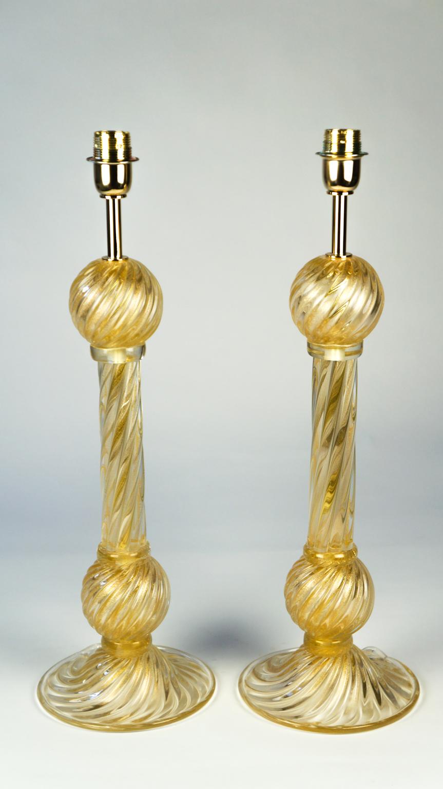 Toso Murano Mid-Century Modern Gold Two of Venetian Glass Table Lamps, 1985 For Sale 6