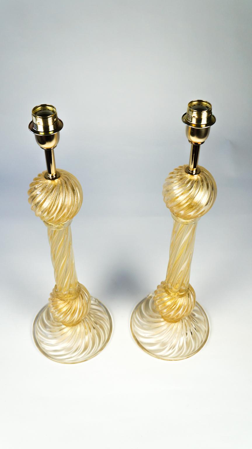 Italian Toso Murano Mid-Century Modern Gold Two of Venetian Glass Table Lamps, 1985 For Sale