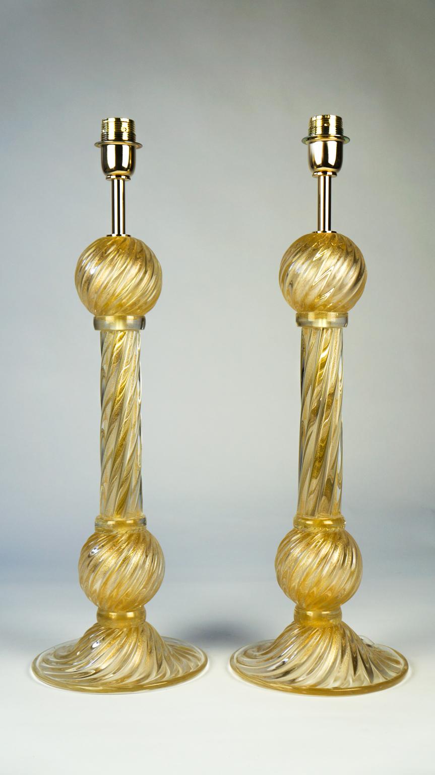 Toso Murano Mid-Century Modern Gold Two of Venetian Glass Table Lamps, 1985 For Sale 3