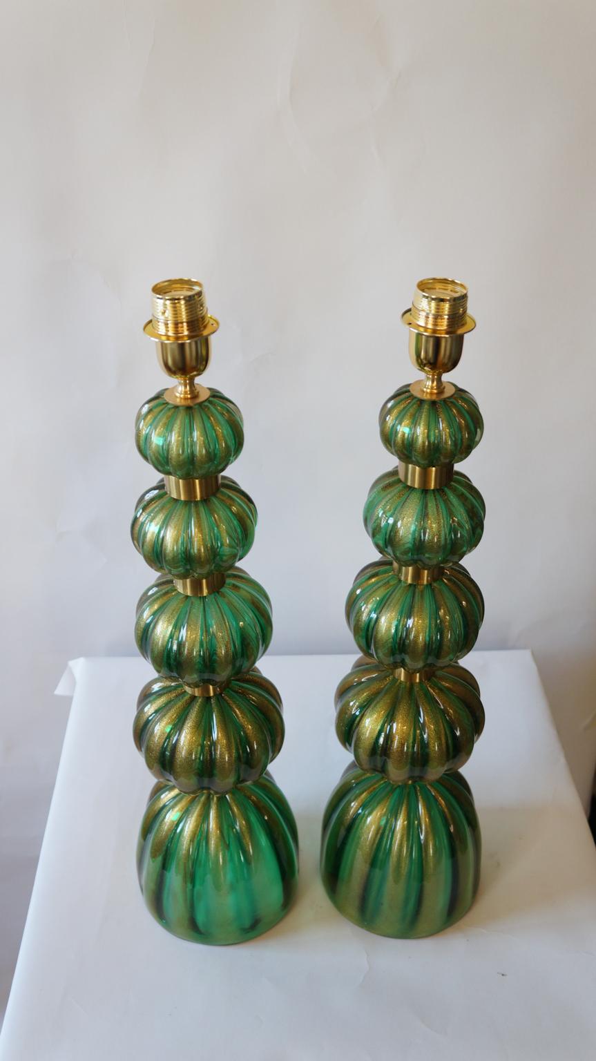 Toso Murano Mid-Century Modern Green Gold Two Murano Glass Table Lamps, 1987 For Sale 4