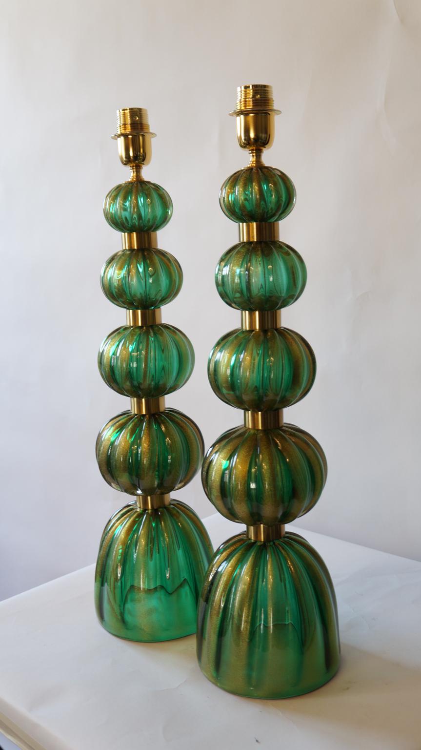 Toso Murano Mid-Century Modern Green Gold Two Murano Glass Table Lamps, 1987 For Sale 6