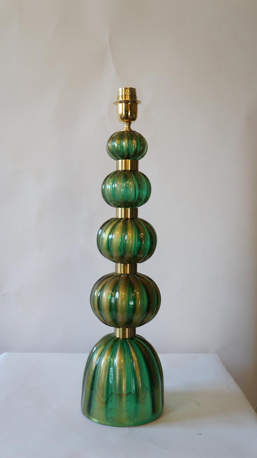 Toso Murano Mid-Century Modern Green Gold Two Murano Glass Table Lamps, 1987 For Sale 6