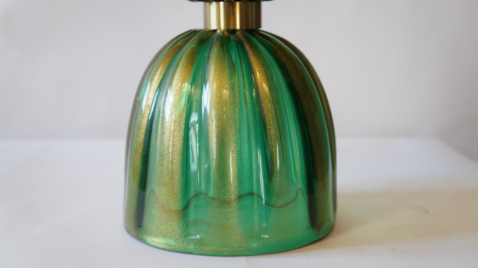 Toso Murano Mid-Century Modern Green Gold Two Murano Glass Table Lamps, 1987 For Sale 7