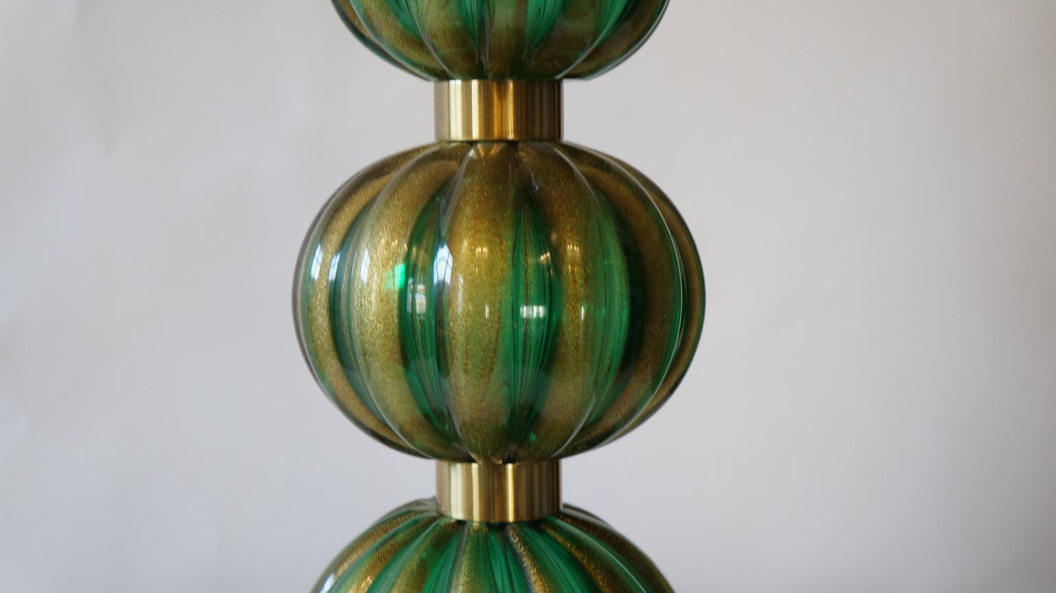 Toso Murano Mid-Century Modern Green Gold Two Murano Glass Table Lamps, 1987 For Sale 8