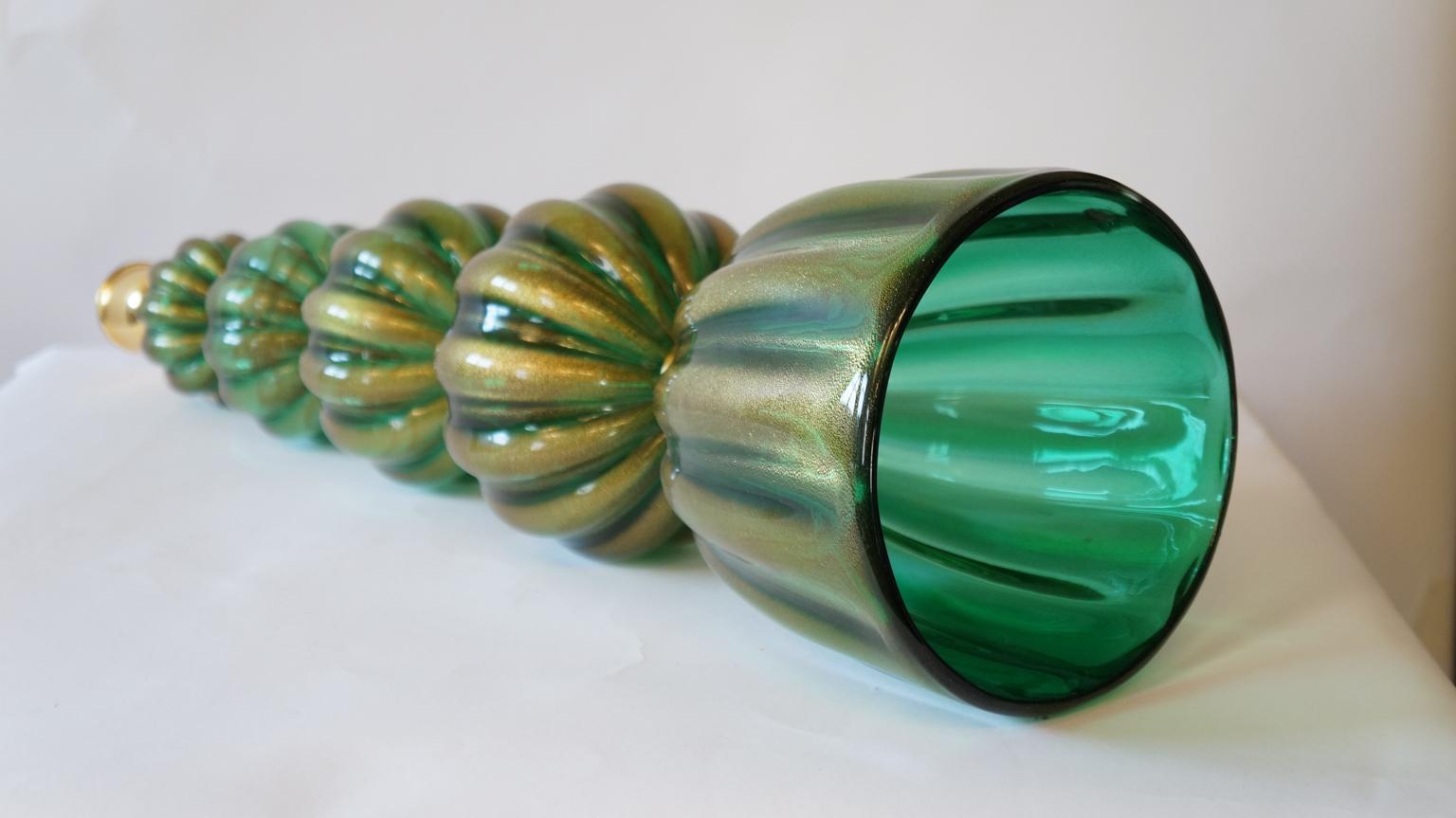 Toso Murano Mid-Century Modern Green Gold Two Murano Glass Table Lamps, 1987 For Sale 10