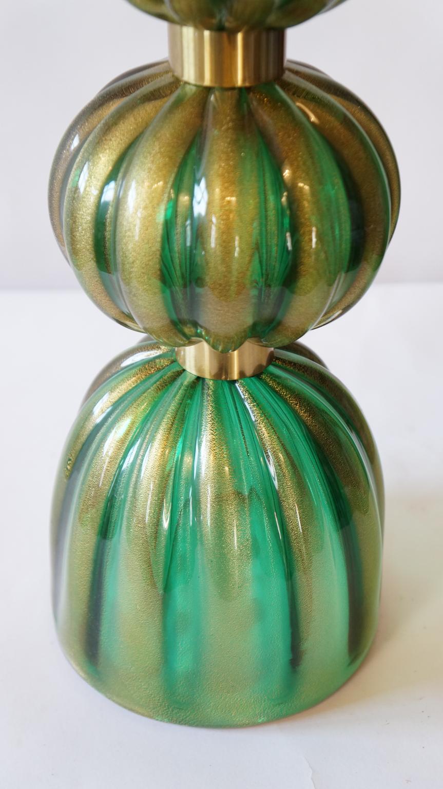 Toso Murano Mid-Century Modern Green Gold Two Murano Glass Table Lamps, 1987 For Sale 11
