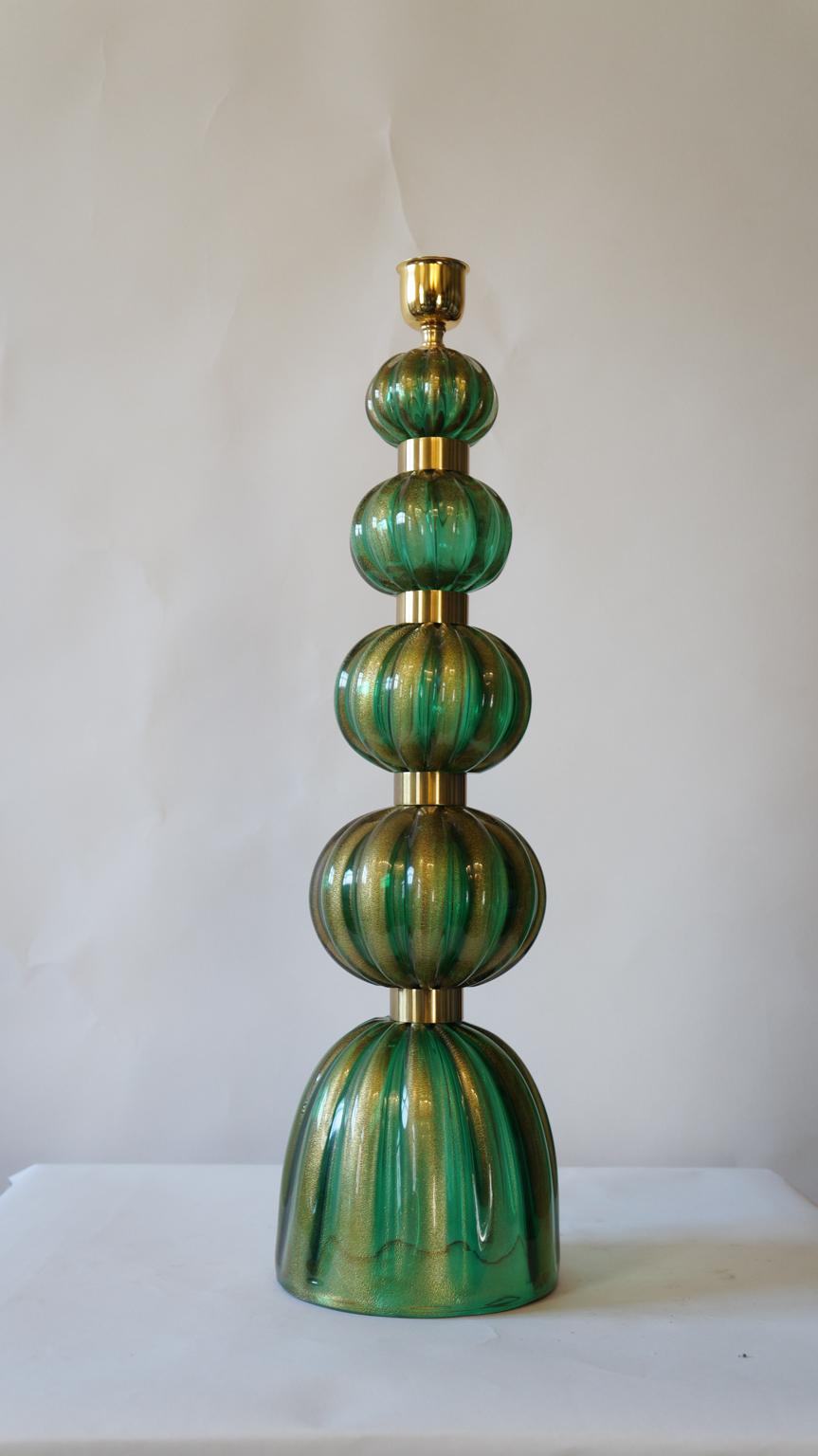 Toso Murano Mid-Century Modern Green Gold Two Murano Glass Table Lamps, 1987 For Sale 12