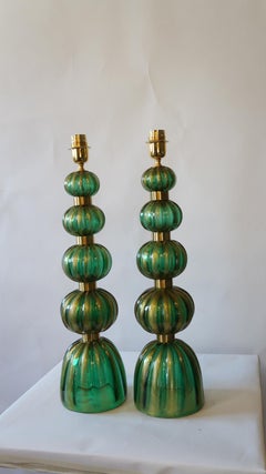 Toso Murano Mid-Century Modern Grün-Gold Zwei Muranoglas-Tischlampen, 1987
