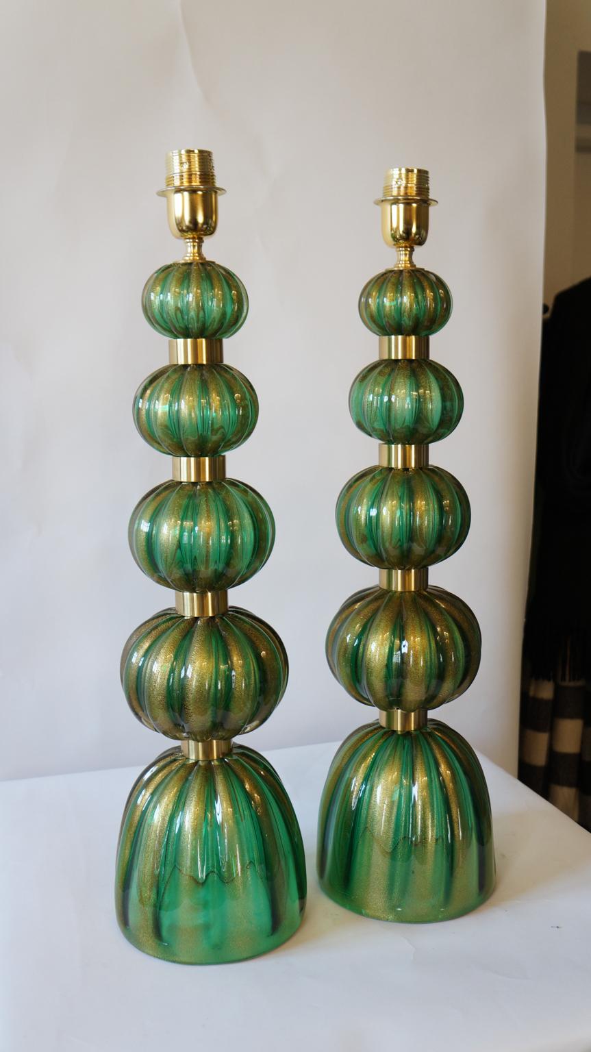 Italian Toso Murano Mid-Century Modern Green Gold Two Murano Glass Table Lamps, 1987 For Sale