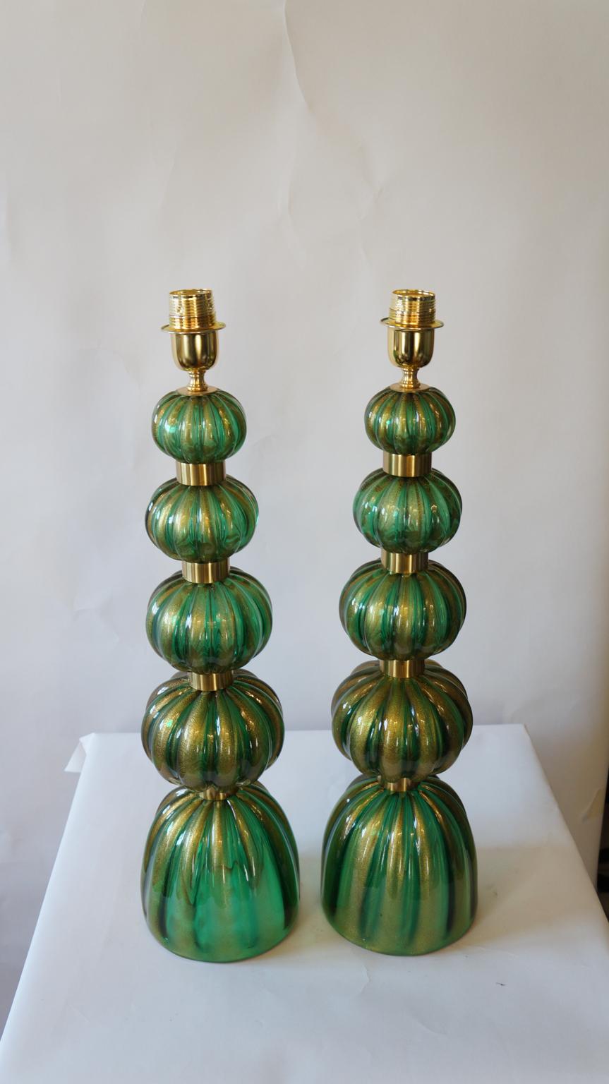 Hand-Crafted Toso Murano Mid-Century Modern Green Gold Two Murano Glass Table Lamps, 1987 For Sale