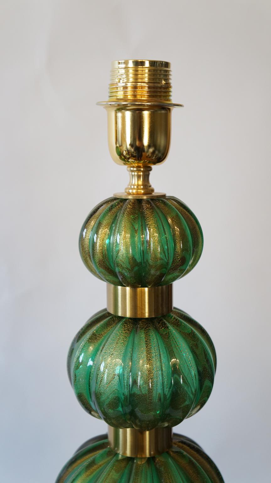 Late 20th Century Toso Murano Mid-Century Modern Green Gold Two Murano Glass Table Lamps, 1987 For Sale