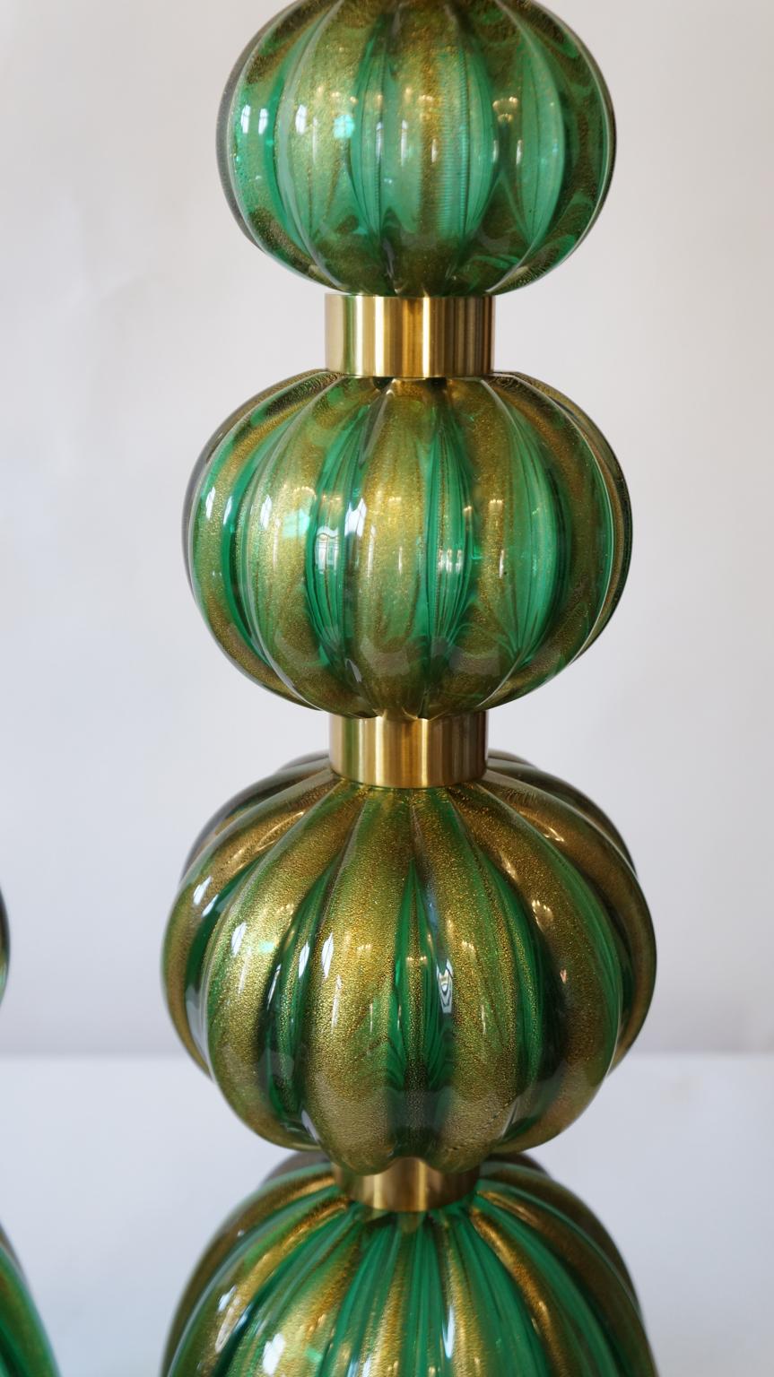 Art Glass Toso Murano Mid-Century Modern Green Gold Two Murano Glass Table Lamps, 1987 For Sale