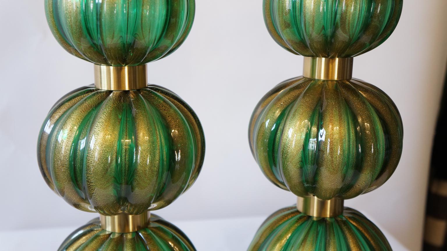 Toso Murano Mid-Century Modern Green Gold Two Murano Glass Table Lamps, 1987 For Sale 2