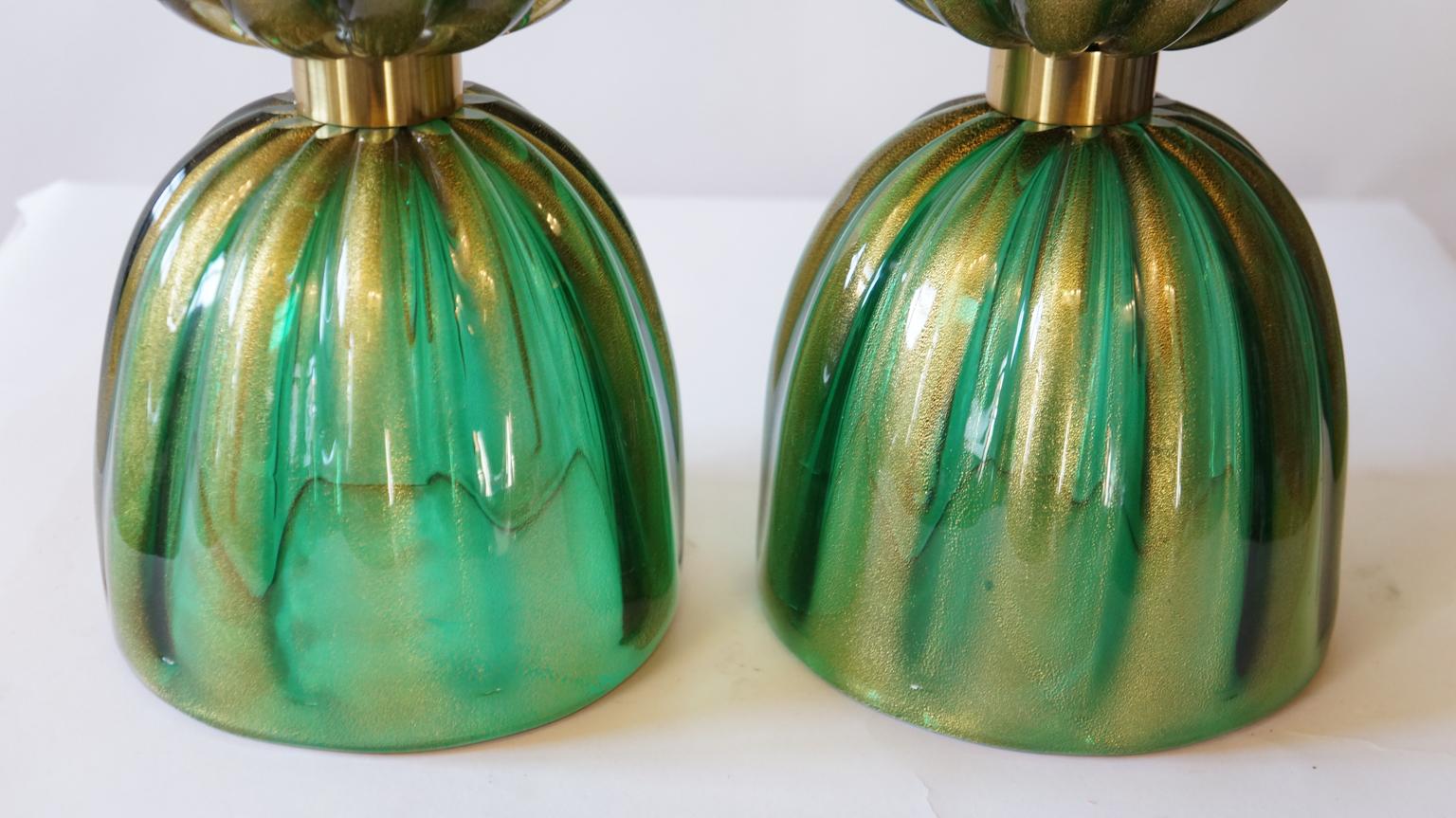 Toso Murano Mid-Century Modern Green Gold Two Murano Glass Table Lamps, 1987 For Sale 3