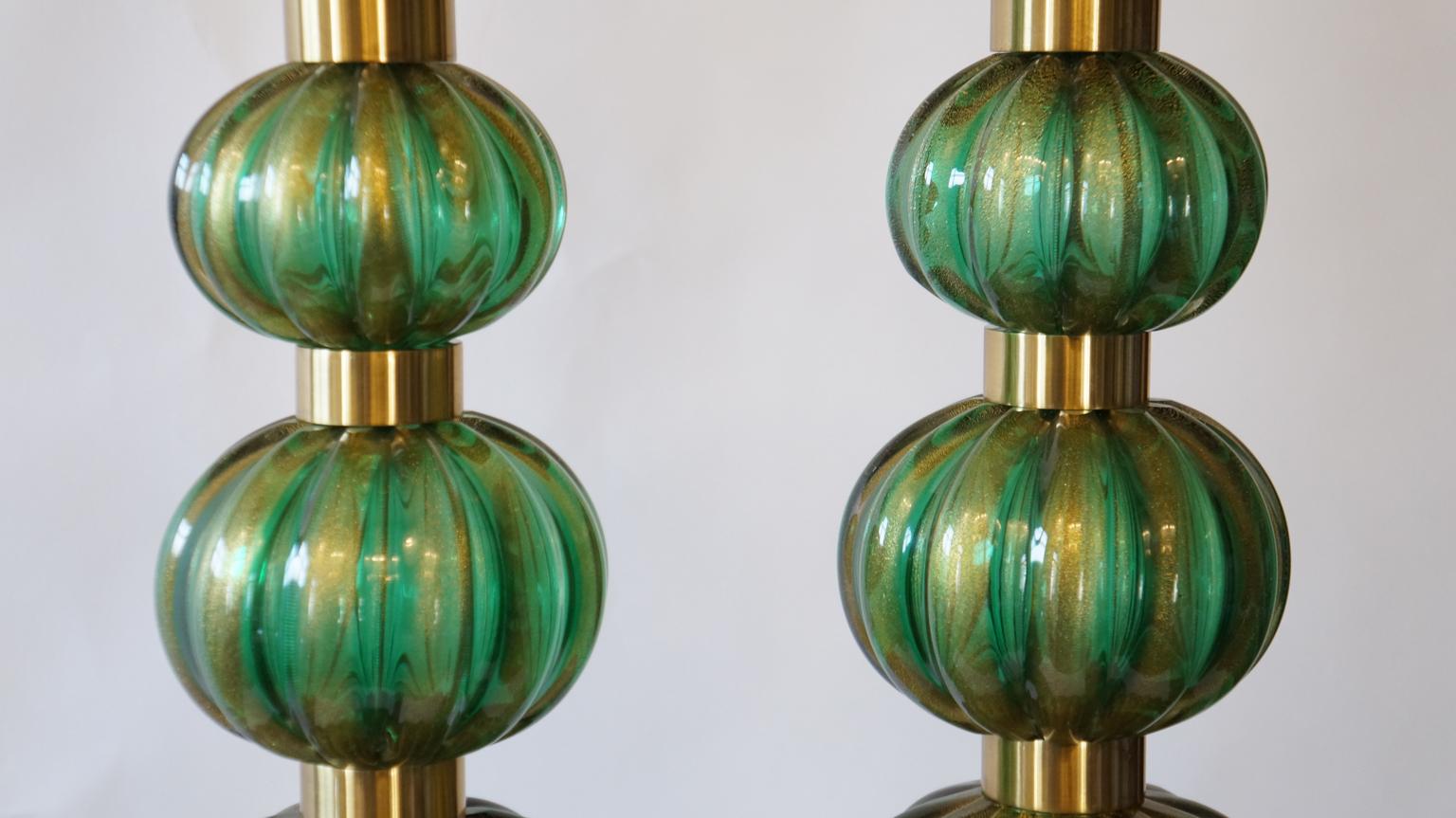 Toso Murano Mid-Century Modern Green Gold Two Murano Glass Table Lamps, 1987 For Sale 4