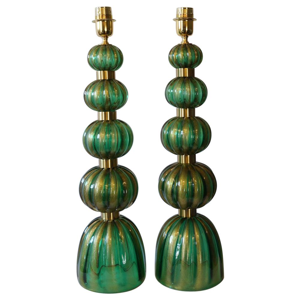 Toso Murano Mid-Century Modern Green Gold Two Murano Glass Table Lamps, 1987