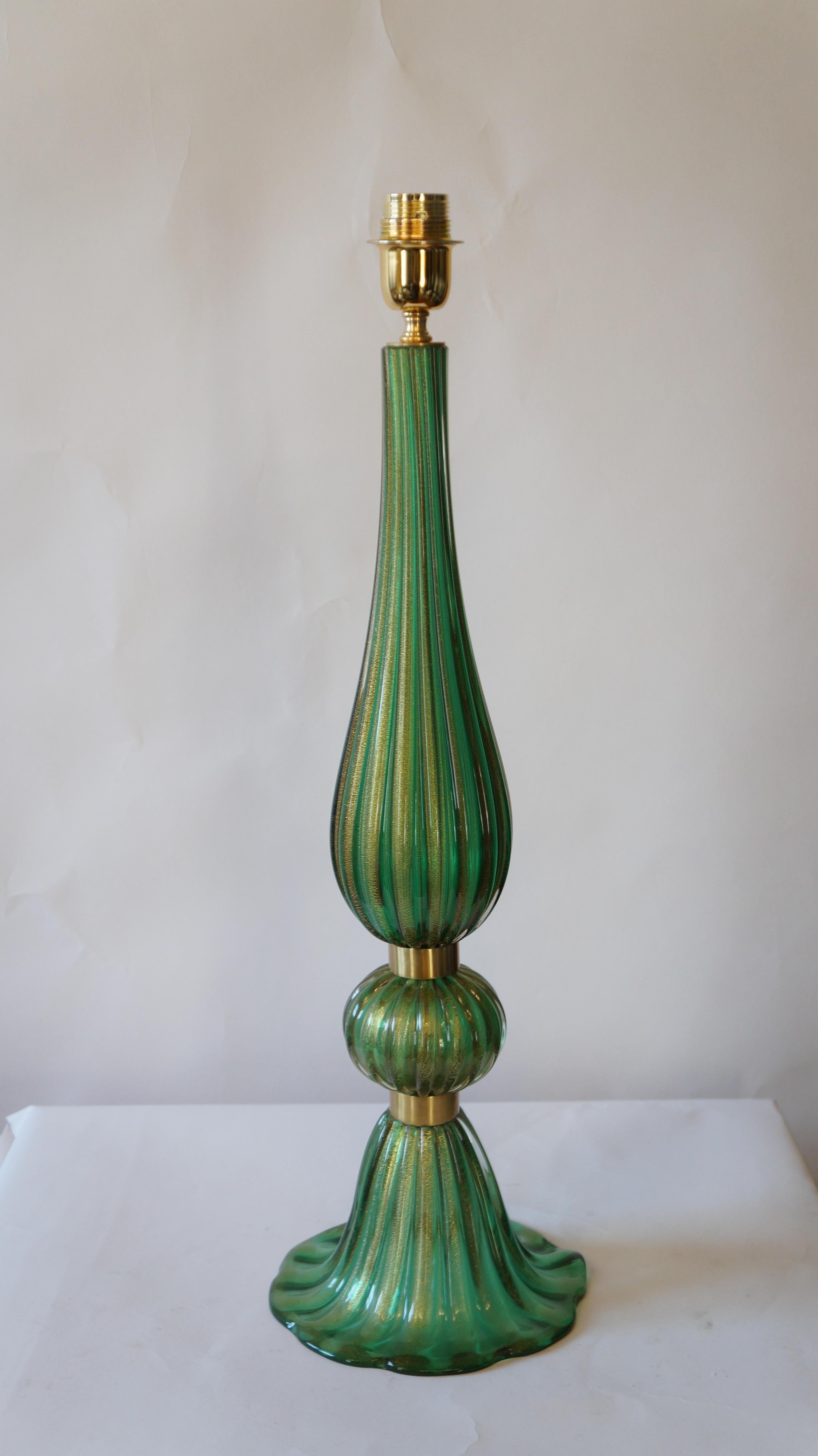Toso Murano Mid-Century Modern Green Two Murano Glass Table Lamps Italian, 1987 For Sale 5