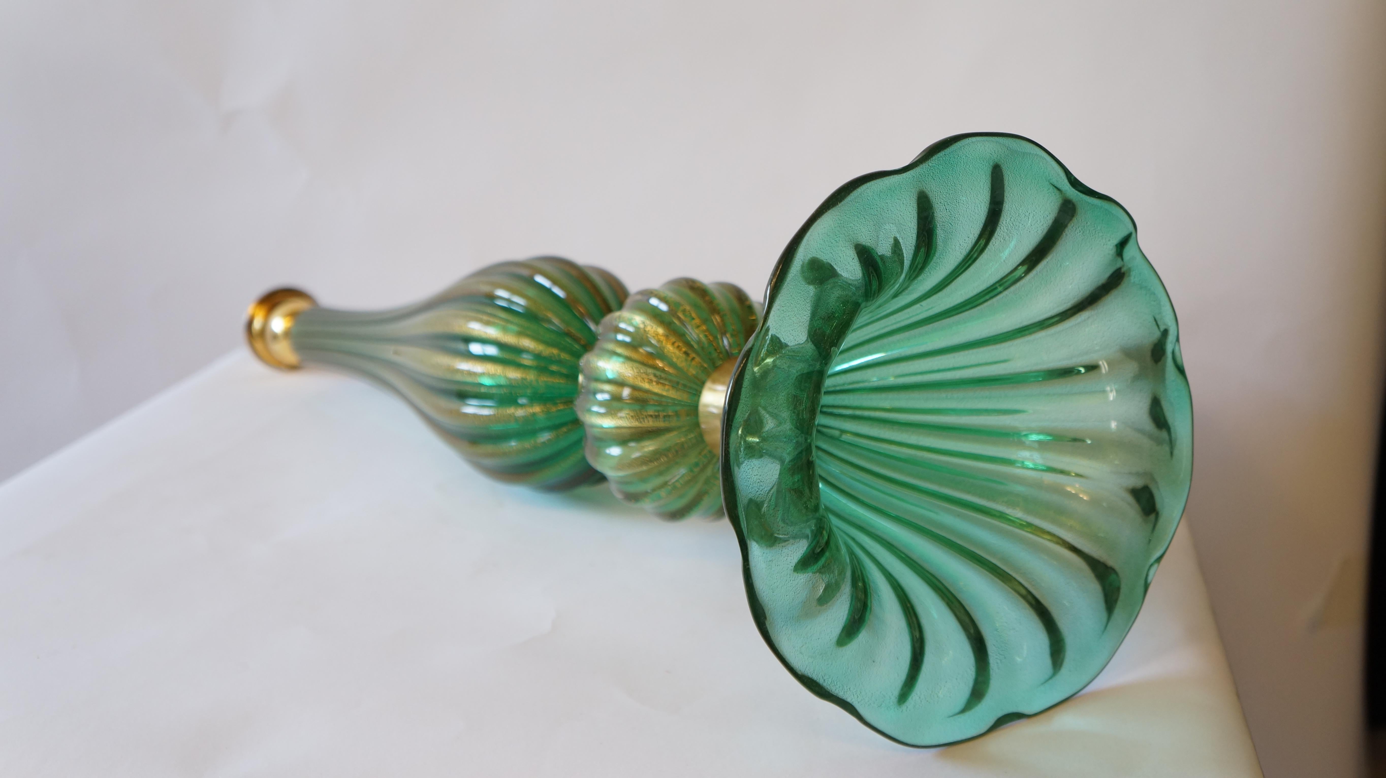 Toso Murano Mid-Century Modern Green Two Murano Glass Table Lamps Italian, 1987 For Sale 11