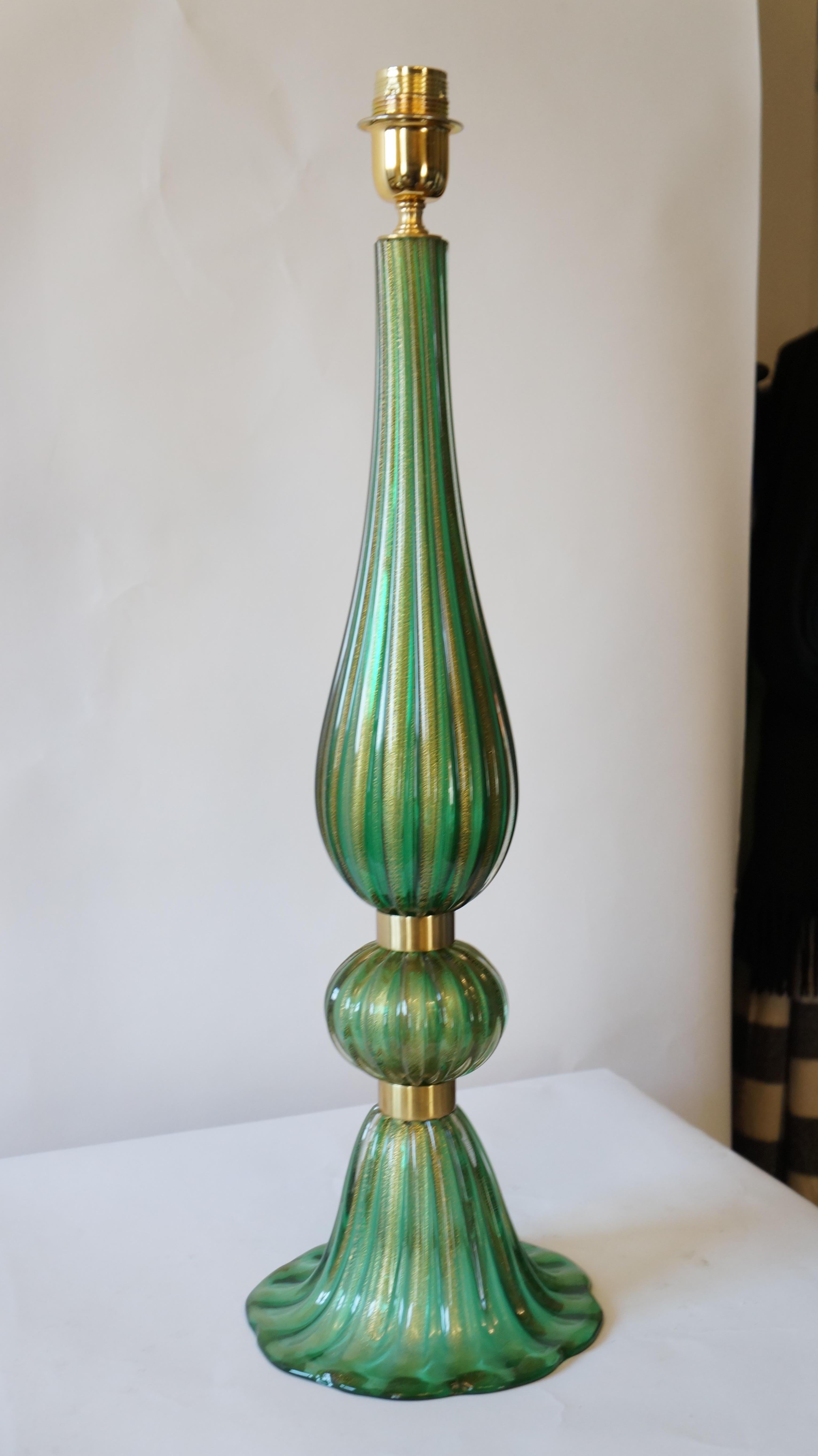 Toso Murano Mid-Century Modern Green Two Murano Glass Table Lamps Italian, 1987 For Sale 13