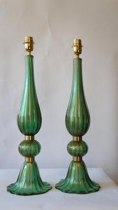 Toso Murano Mid-Century Modern Green Due lampade da tavolo in vetro di Murano Italiano, 1987