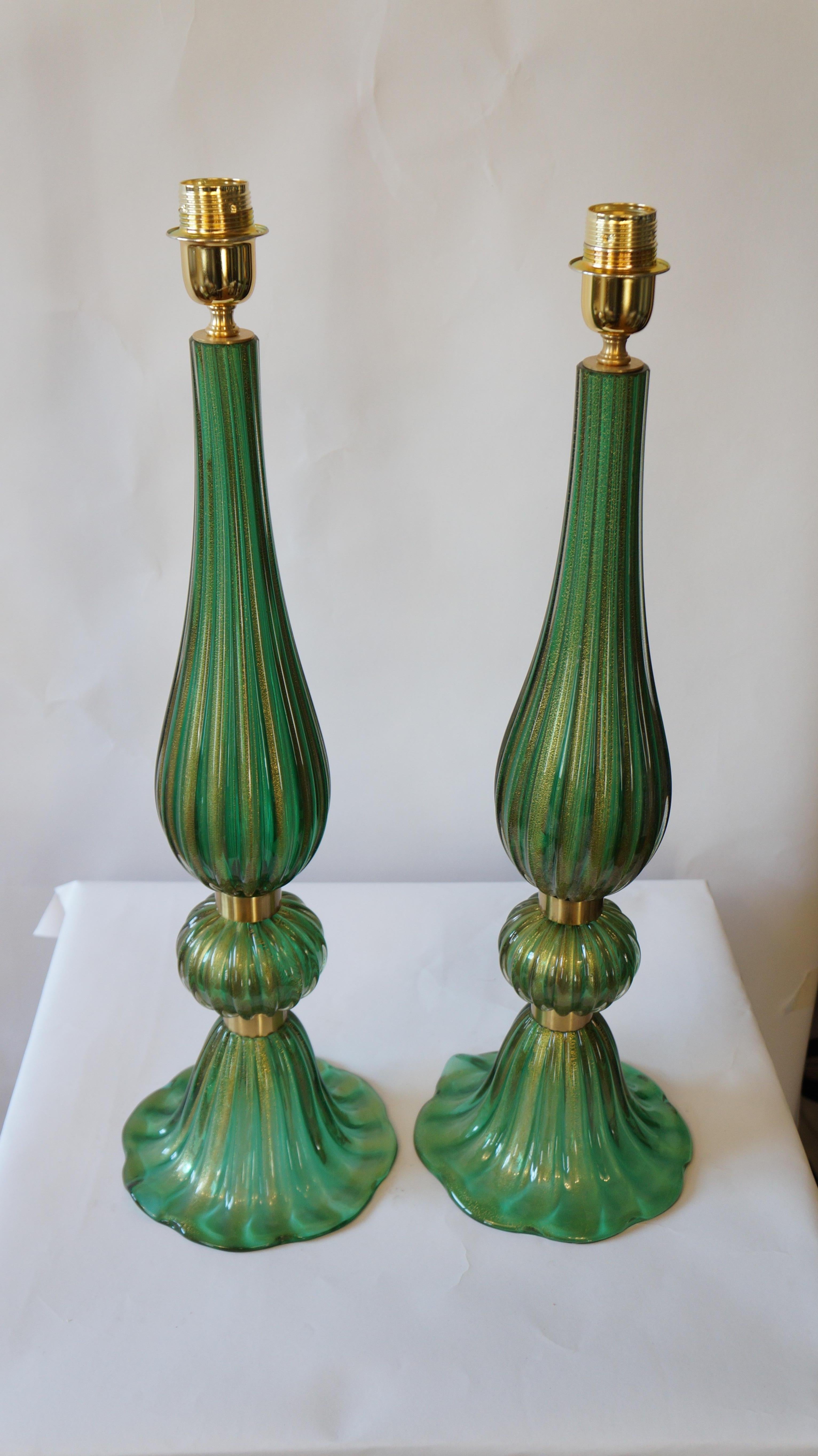 Late 20th Century Toso Murano Mid-Century Modern Green Two Murano Glass Table Lamps Italian, 1987 For Sale